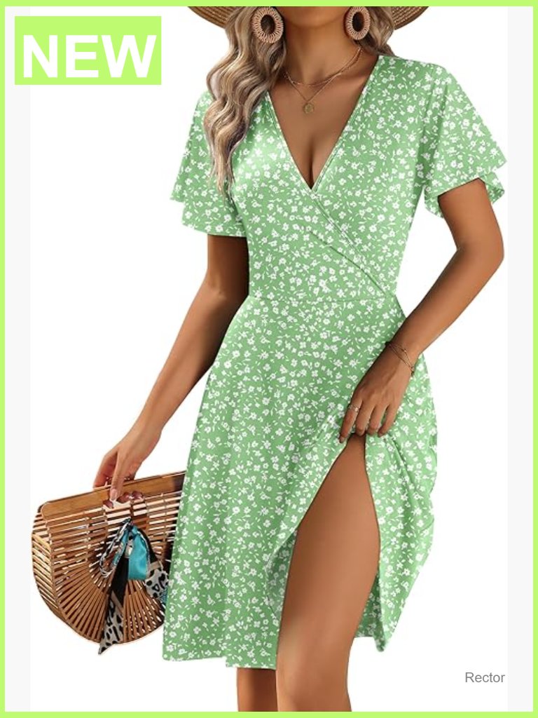 Floral Ruffle Sleeve Wrap V Neck A-Line Sundress With Pockets
